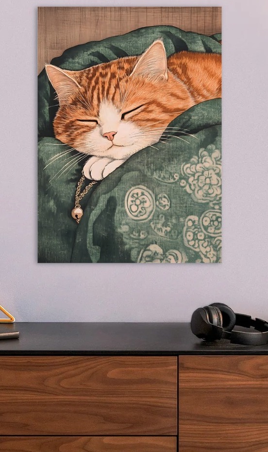 Sleeping Orange Tabby Cat with Bell — metal poster wall art by Lineer